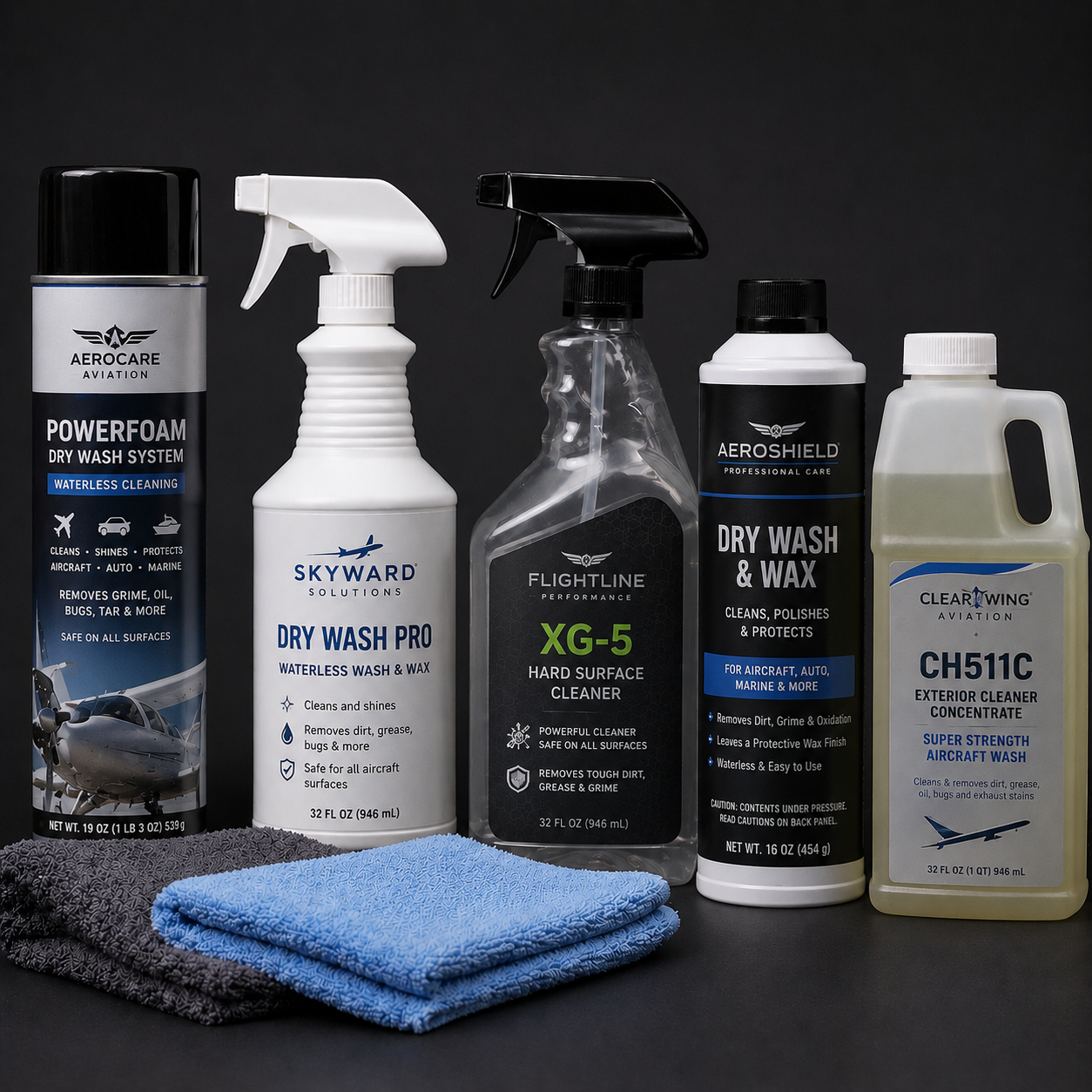 Aircraft cleaning product lineup including dry wash sprays, wax, exterior cleaner concentrate, and microfiber towels